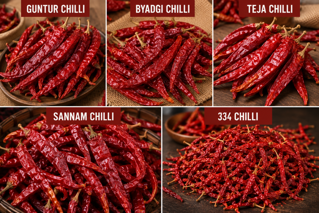 Collage showing Guntur, Byadgi, Teja, Sannam, and 334 chillies.
