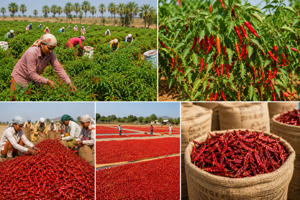 Indian chilli farms and harvested red chillies.