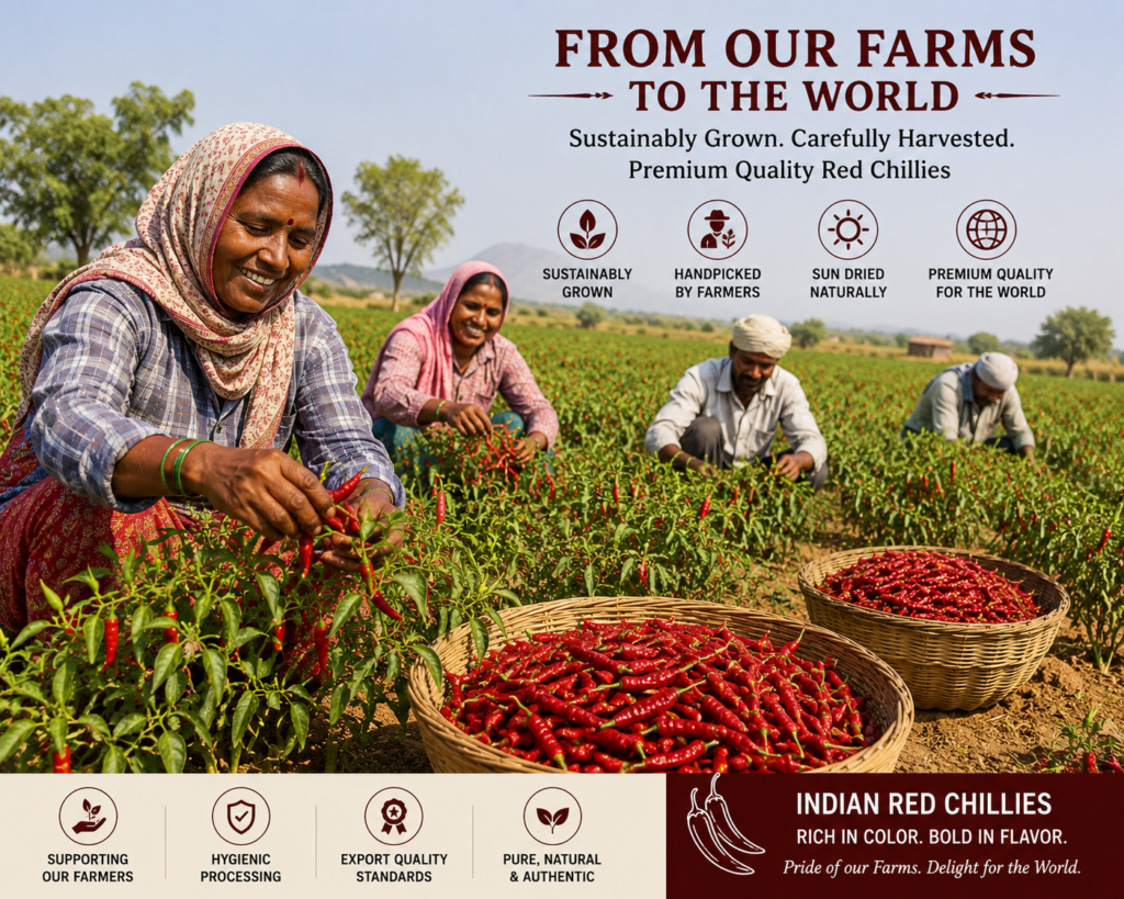Farmers harvesting red chillies