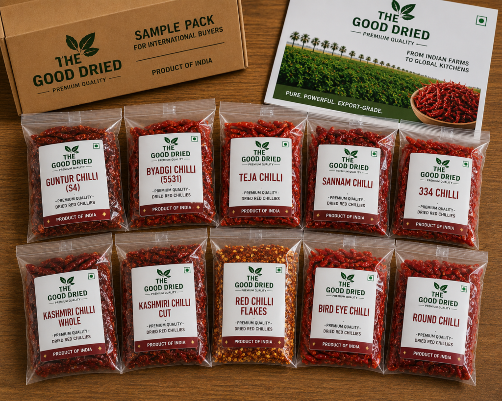 Small chilli sample packs ready for international buyers.
