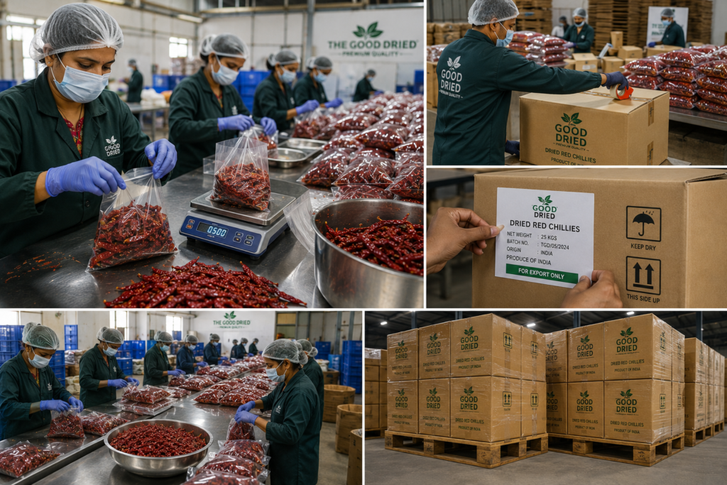 Workers packing chilli bags and export cartons.