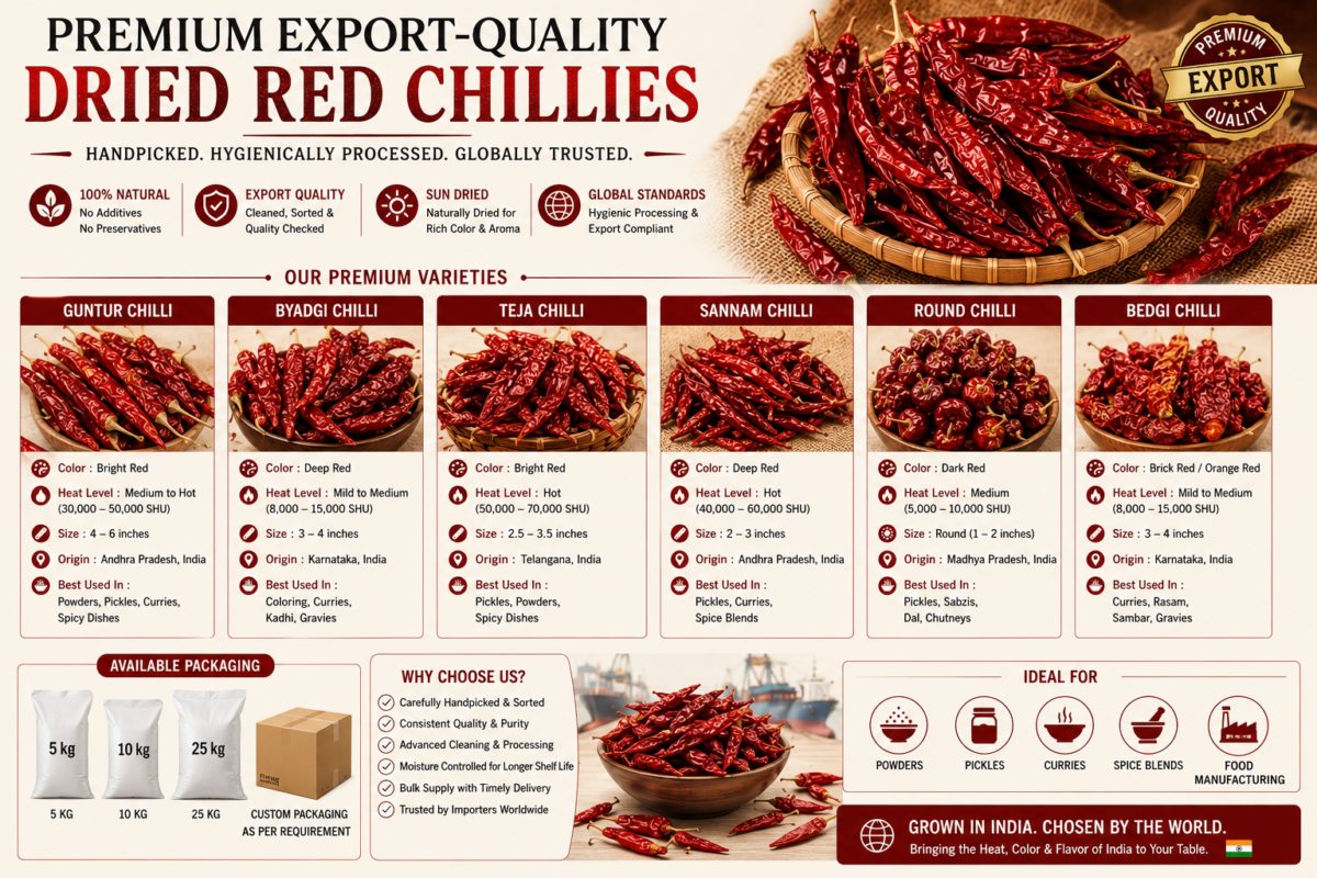 Best Indian chilli exporter supplying premium export quality dry red chillies worldwide