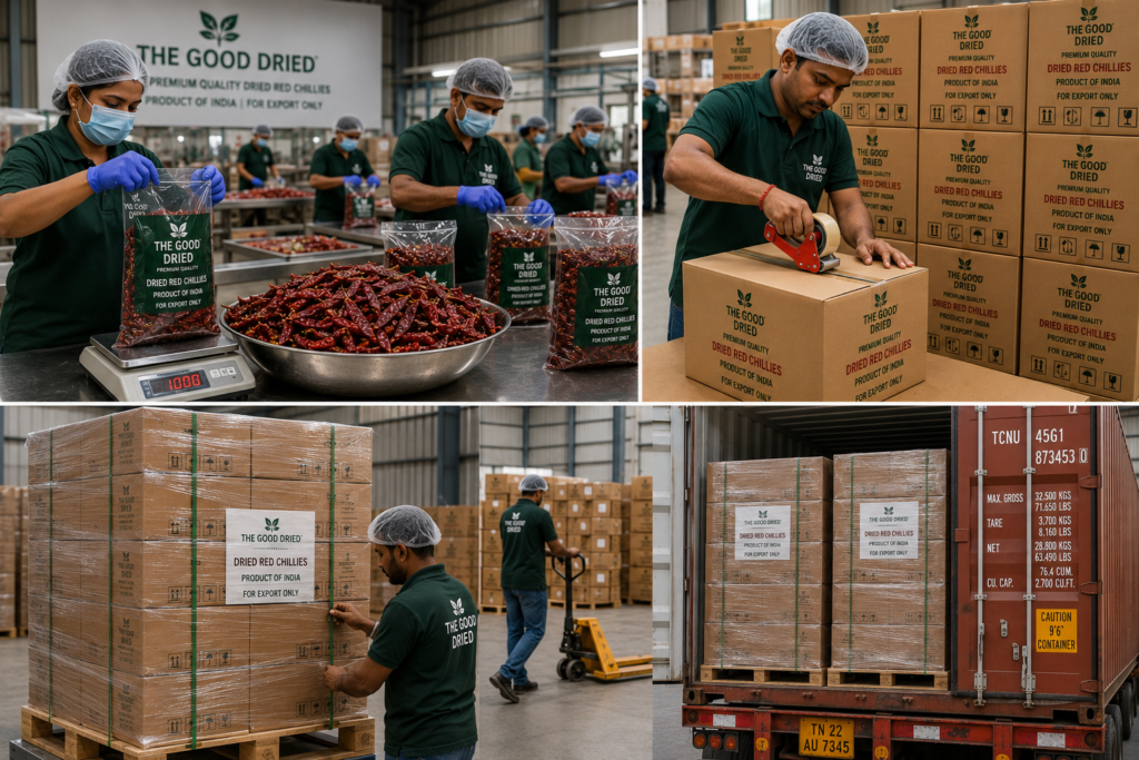 Workers filling chilli bags, stacking export cartons, and preparing pallets.